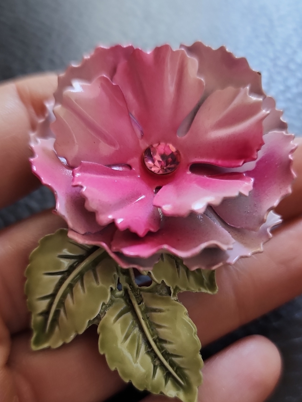 VTG Pink Enamel Flower Brooch with Green Leaves - Home Accents